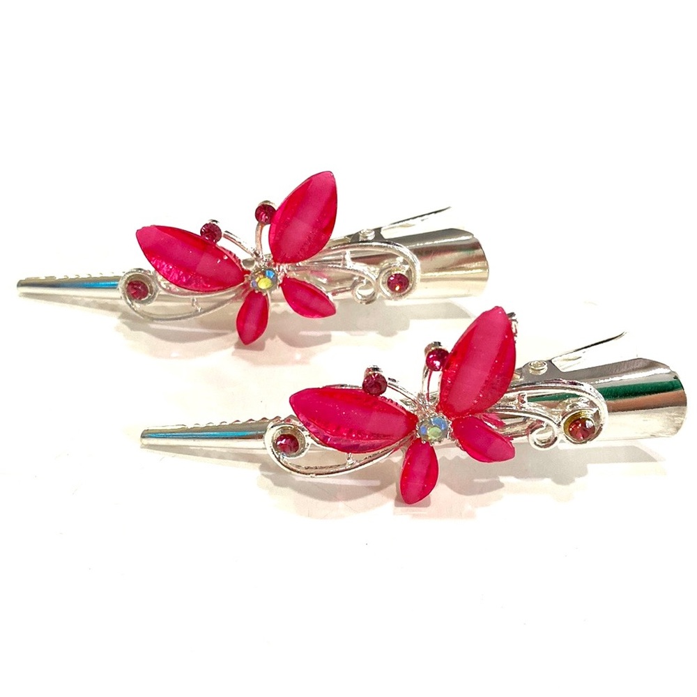 Updo Hair Clips Set of 2 Silver Tone Pink Butterflies 3”